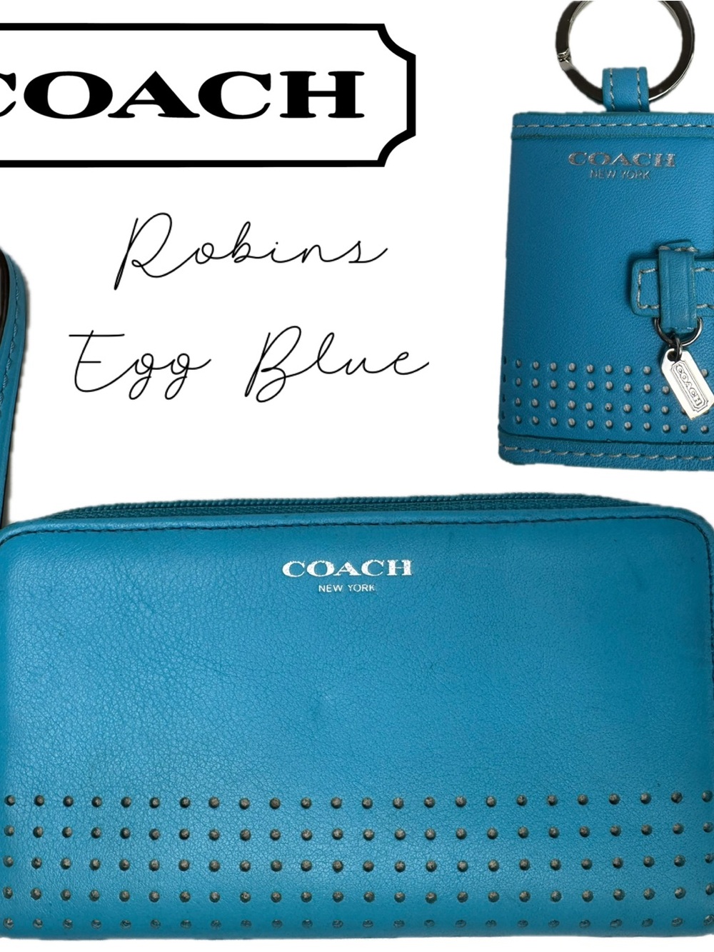 Coach Robins Egg Blue Y2K Vintage Perforated Wallet And Picture Frame Keychain - Picture 15 of 15